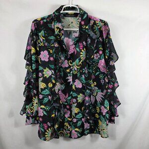 Colleen Lopez Long Sleeve Blouse Women's Size Medium Black & Pink Floral Ruffles